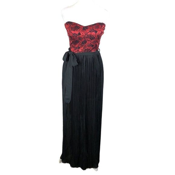 Anthro Retro Strapless Dress Red Black Maxi M Accordion Pleat Chiffon Metallic - Picture 1 of 12